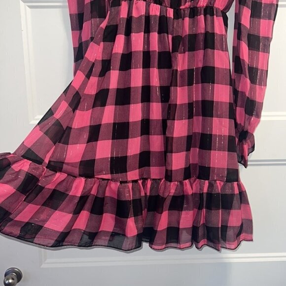 Vanessa Scott pink ruffle tunic dress tartan print long sleeves dress size M - Picture 11 of 14